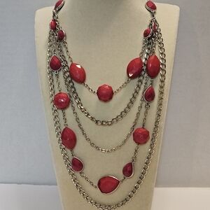 Paparazzi Pink Multi-Layer Silver Tone Necklace